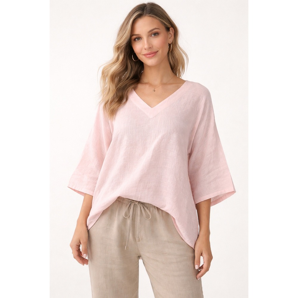 Match Point Womens Pink 100 Linen V-Neck Tunic Top 3/4 Sleeve XL HLT185 USA Made